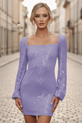 Sylvia Mini Dress - Lilac - Long Sleeve Sequin Short Dress - FINAL SALE - Luzilly Bridal & Apparel