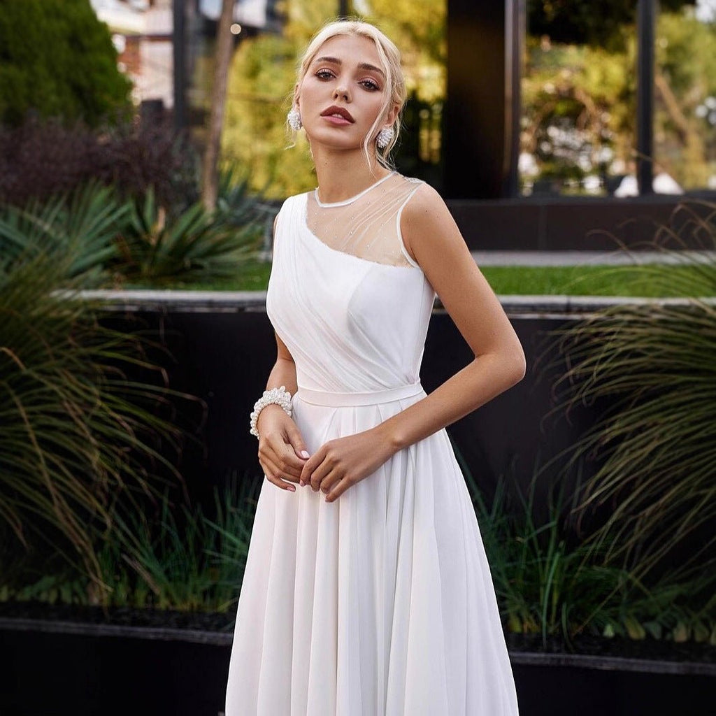 Tailed Wedding Dress White Double Shoulder Round Neck French Chiffon Bridal Short Train Evening Gown - Luzilly Bridal & Apparel