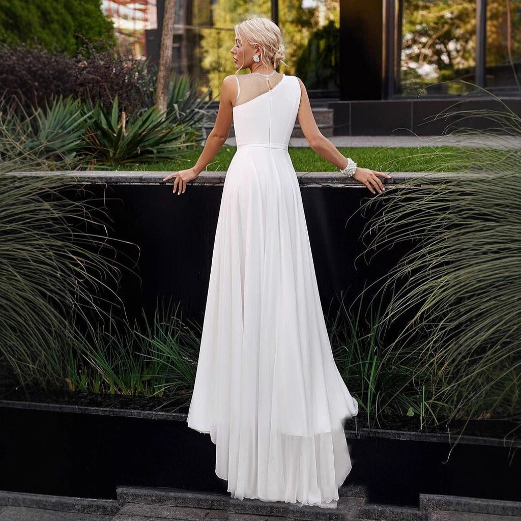 Tailed Wedding Dress White Double Shoulder Round Neck French Chiffon Bridal Short Train Evening Gown - Luzilly Bridal & Apparel