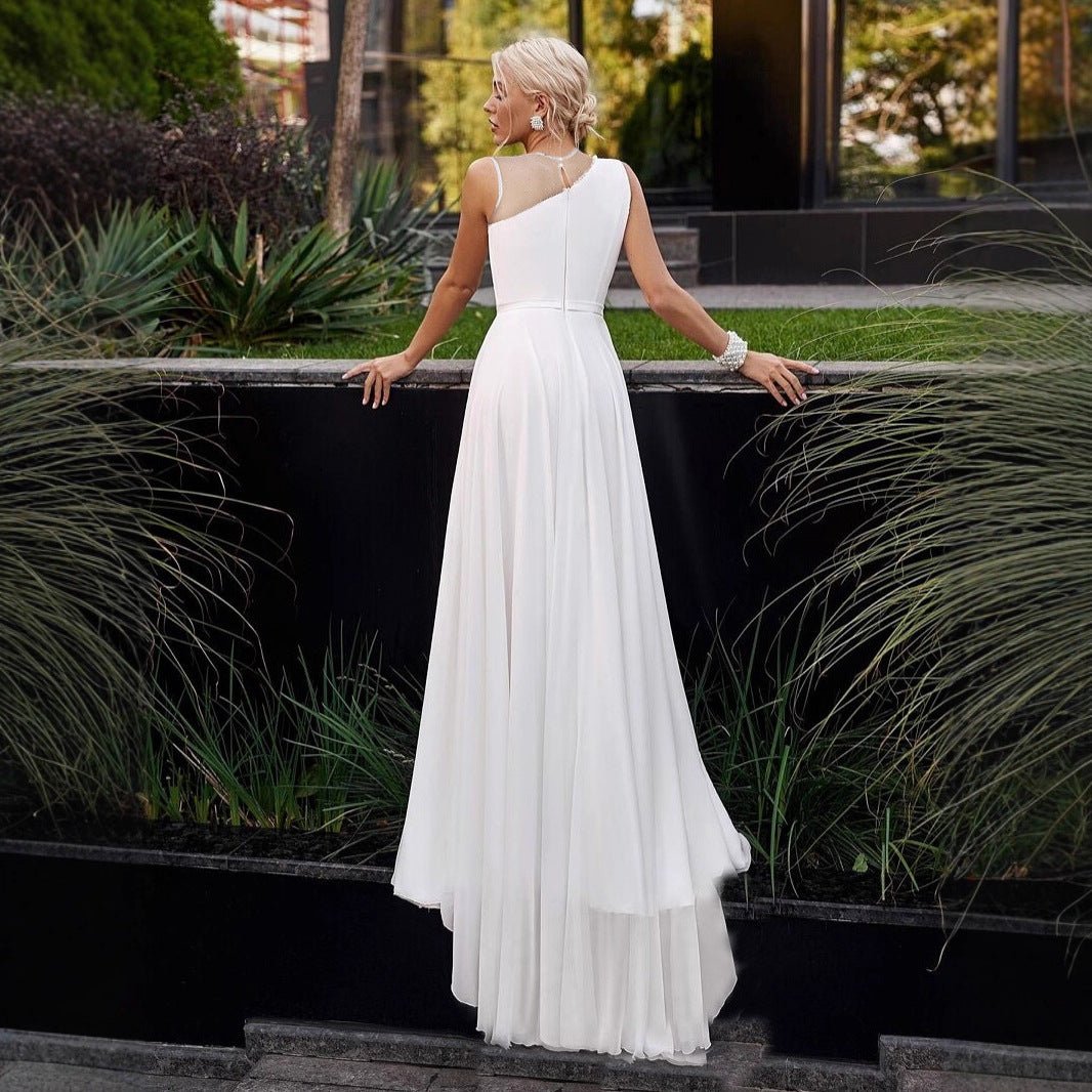 Tailed Wedding Dress White Double Shoulder Round Neck French Chiffon Bridal Short Train Evening Gown - Luzilly Bridal & Apparel