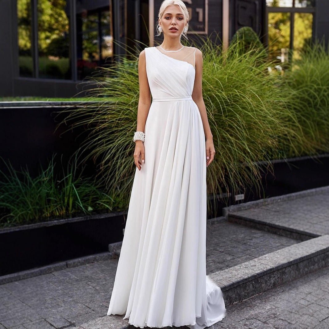 Tailed Wedding Dress White Double Shoulder Round Neck French Chiffon Bridal Short Train Evening Gown - Luzilly Bridal & Apparel