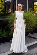 Tailed Wedding Dress White Double Shoulder Round Neck French Chiffon Bridal Short Train Evening Gown - Luzilly Bridal & Apparel