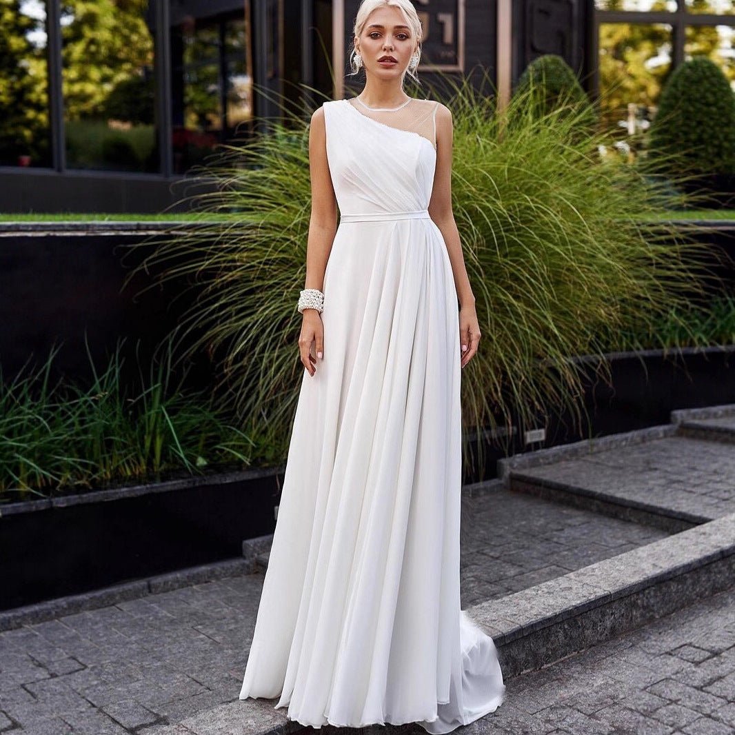 Tailed Wedding Dress White Double Shoulder Round Neck French Chiffon Bridal Short Train Evening Gown - Luzilly Bridal & Apparel