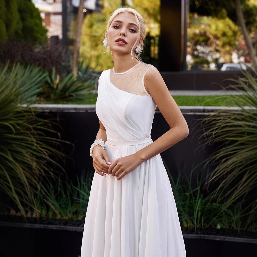 Tailed Wedding Dress White Double Shoulder Round Neck French Chiffon Bridal Short Train Evening Gown - Luzilly Bridal & Apparel