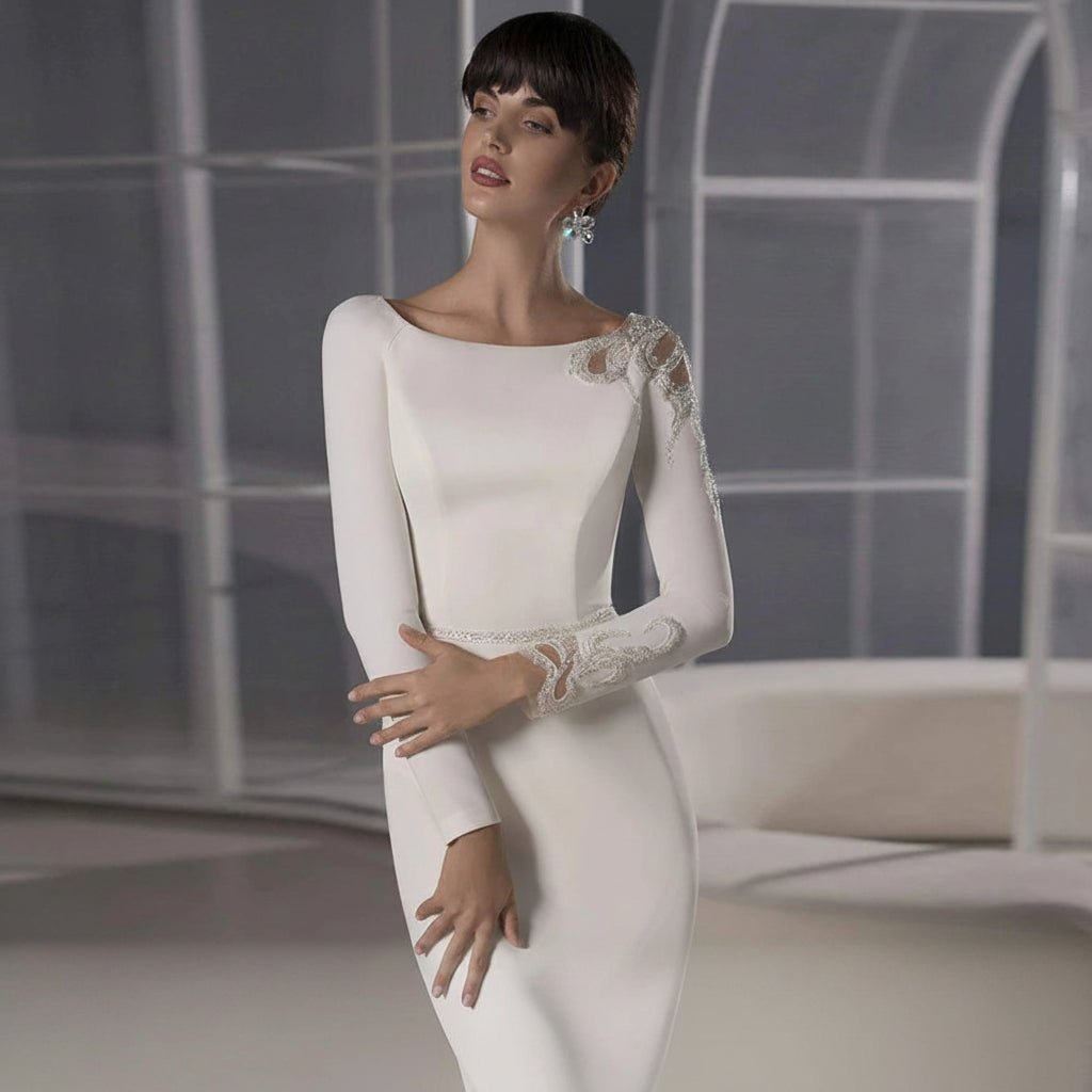 Tea Length Jersey Sheath Wedding Dress - Luzilly Bridal & Apparel