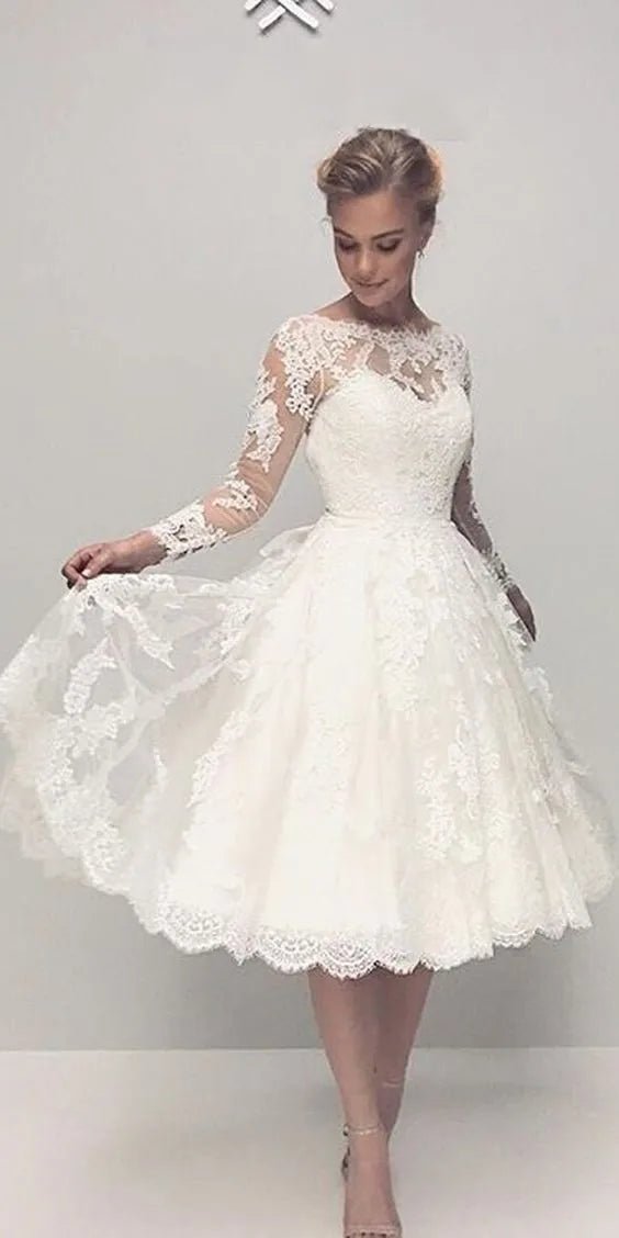 Tea-Length Lace Appliqué Long-Sleeve Wedding Gown - Luzilly Bridal & Apparel