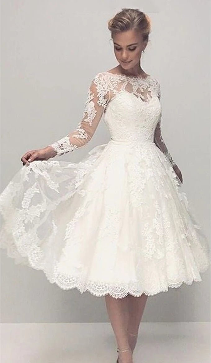 Tea-Length Lace Appliqué Long-Sleeve Wedding Gown - Luzilly Bridal & Apparel