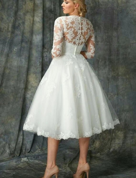 Tea-Length Lace Appliqué Long-Sleeve Wedding Gown - Luzilly Bridal & Apparel