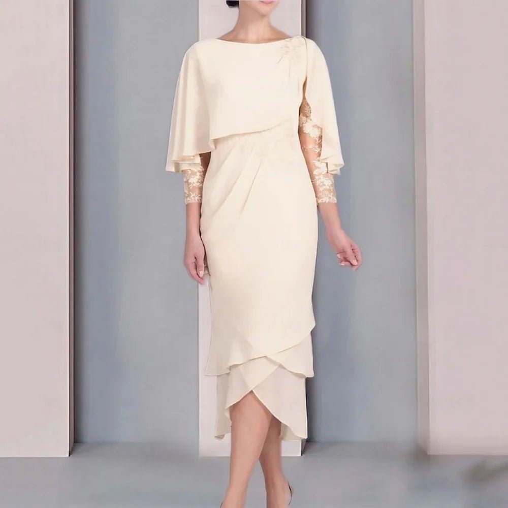 Tea-Length Lace Chiffon Mother of the Bride Dress with 3/4 Sleeves - Luzilly Bridal & Apparel