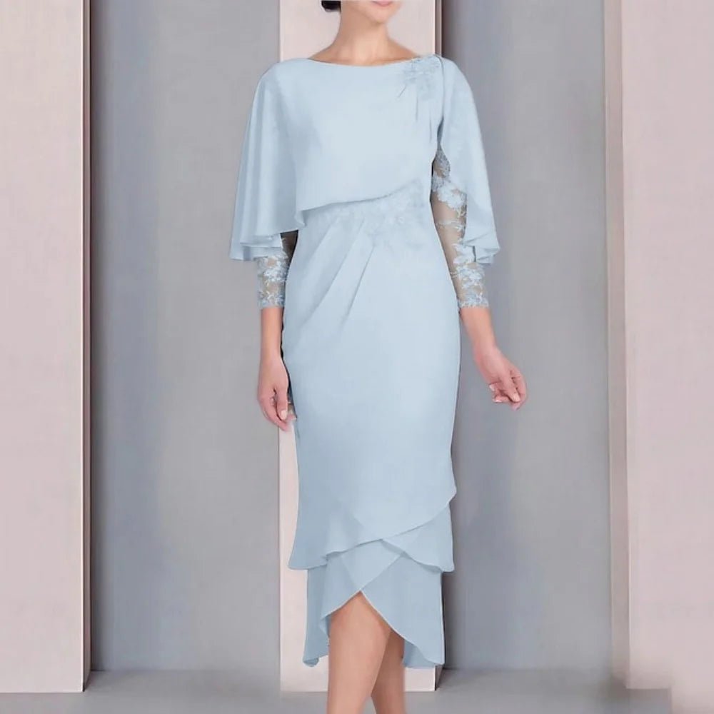 Tea-Length Lace Chiffon Mother of the Bride Dress with 3/4 Sleeves - Luzilly Bridal & Apparel