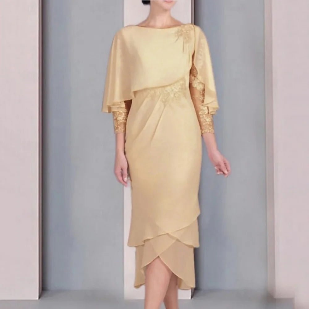 Tea-Length Lace Chiffon Mother of the Bride Dress with 3/4 Sleeves - Luzilly Bridal & Apparel