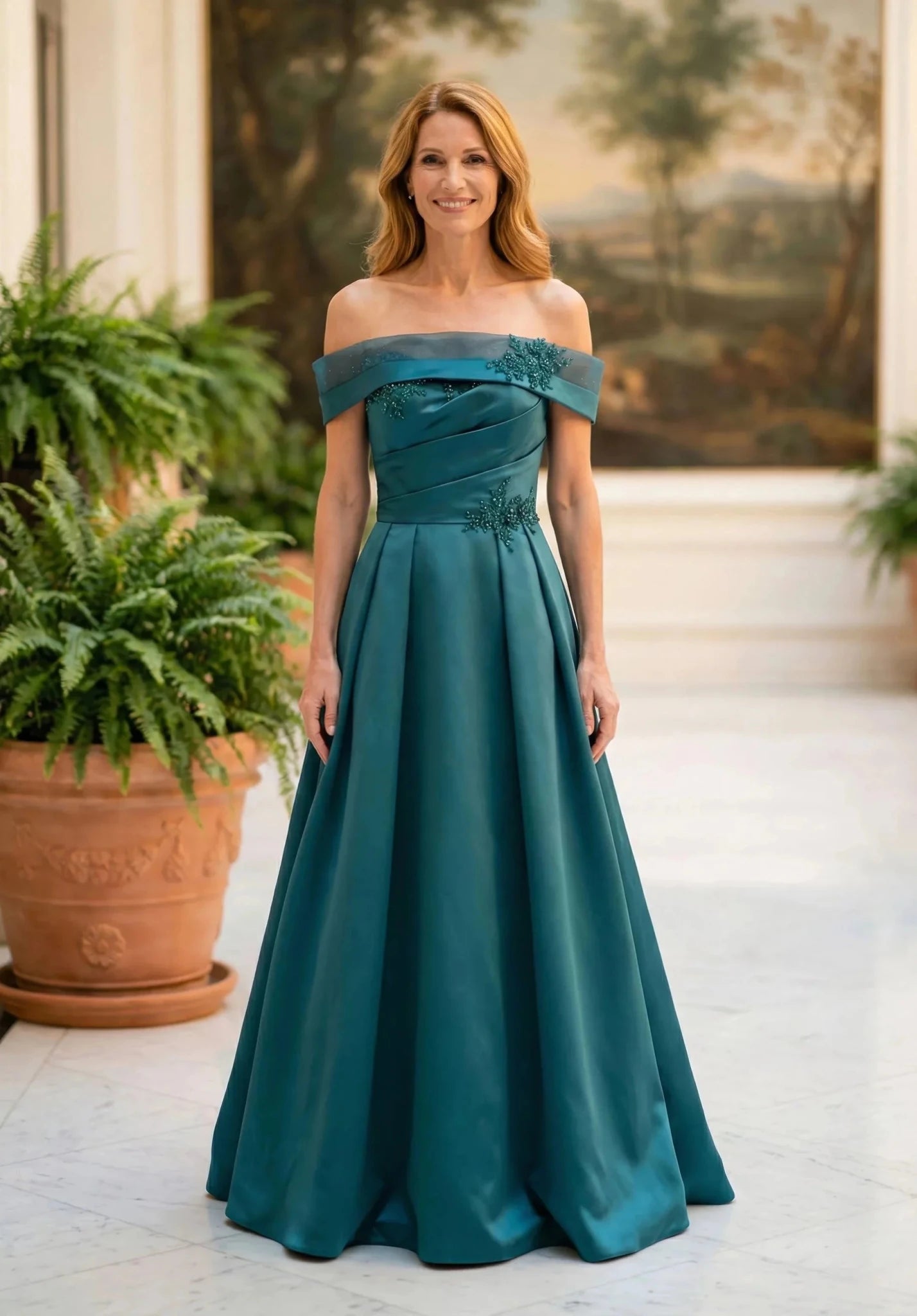 Teal Off-Shoulder Ruched Satin A-Line Mother of the Bride Dress - Luzilly Bridal & Apparel