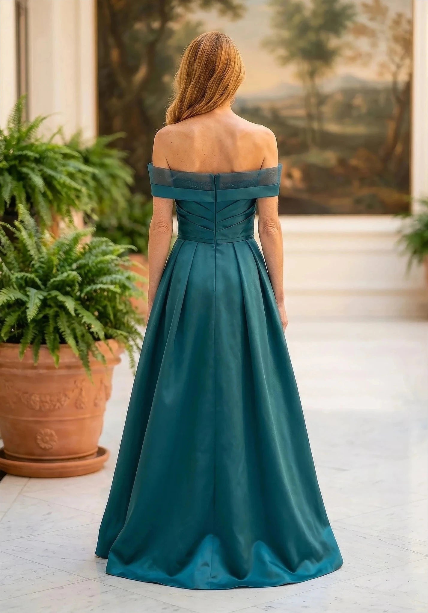 Teal Off-Shoulder Ruched Satin A-Line Mother of the Bride Dress - Luzilly Bridal & Apparel