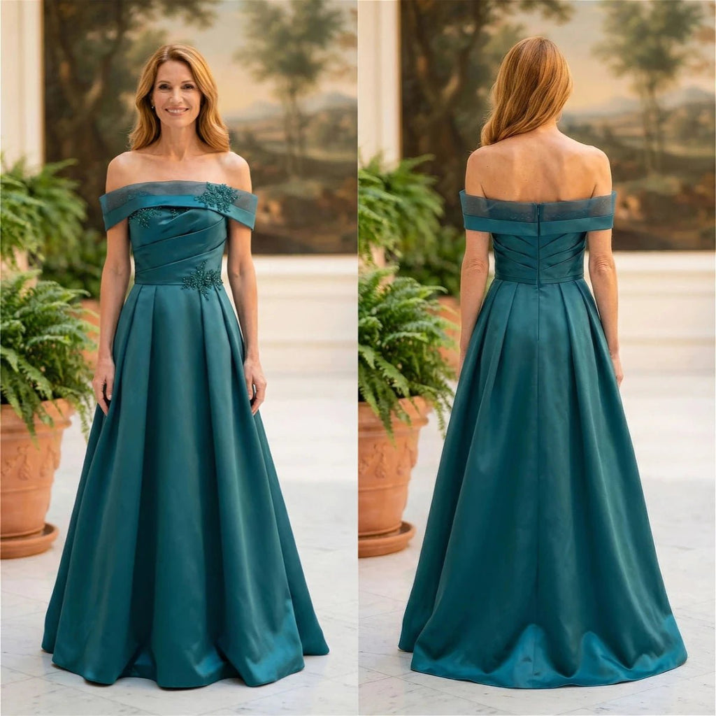 Teal Off-Shoulder Ruched Satin A-Line Mother of the Bride Dress - Luzilly Bridal & Apparel