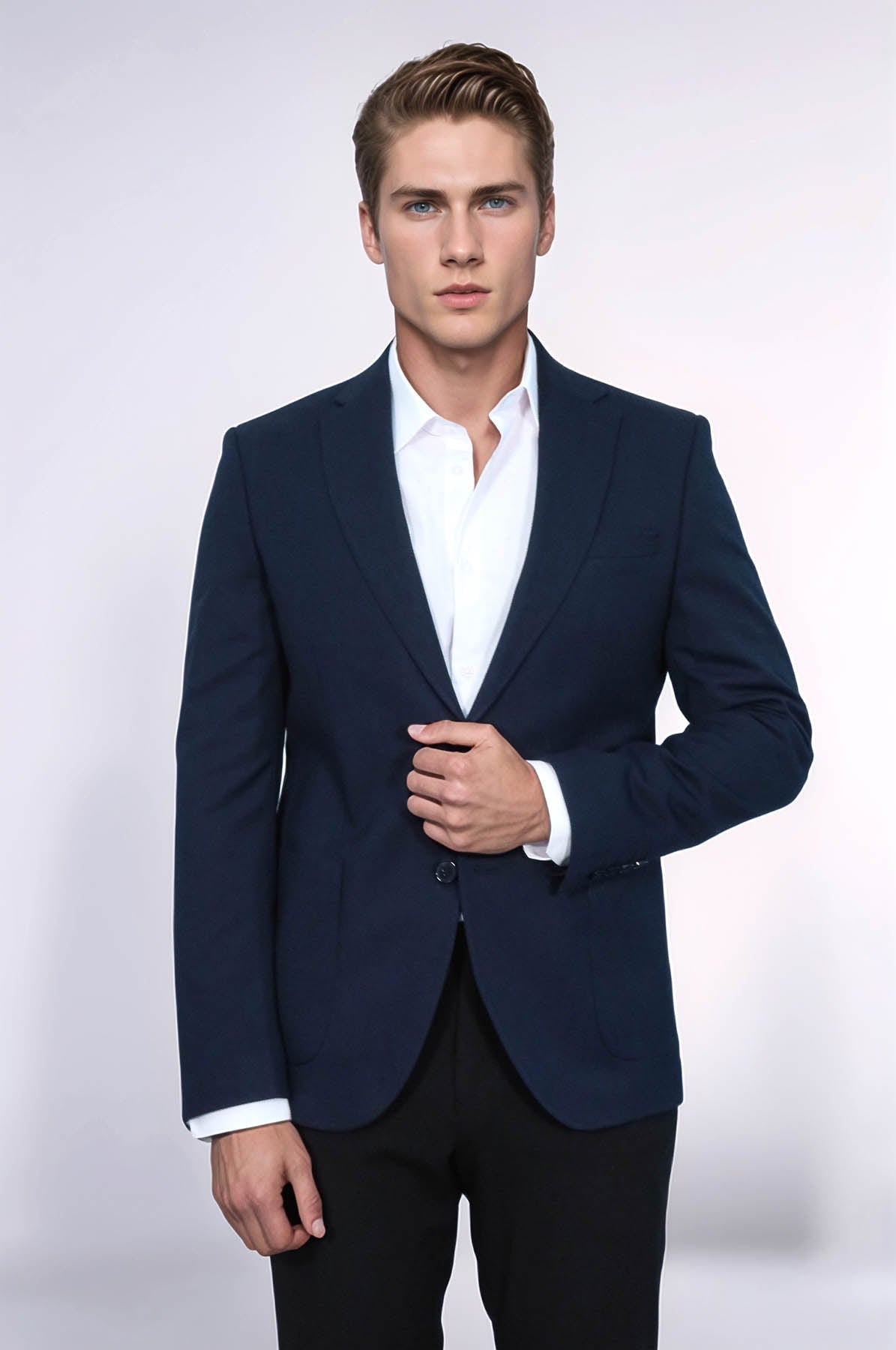 Textured Slim Fit Notch Lapel Navy Blue Men Blazer - Wessi - Luzilly Bridal & Apparel