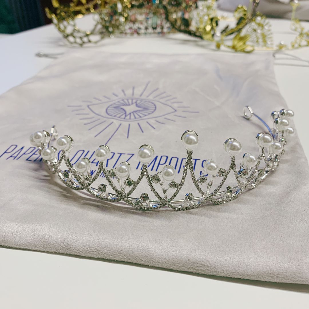The Age of Pearls Crown Tiara in Silver | Royalty Crown Party or Bridal Hair Accessory - Luzilly Bridal & Apparel