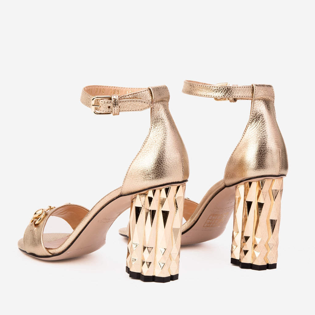 The Avlonya Block Heel Gold Leather Ankle Strap Women Sandal - Luzilly Bridal & Apparel
