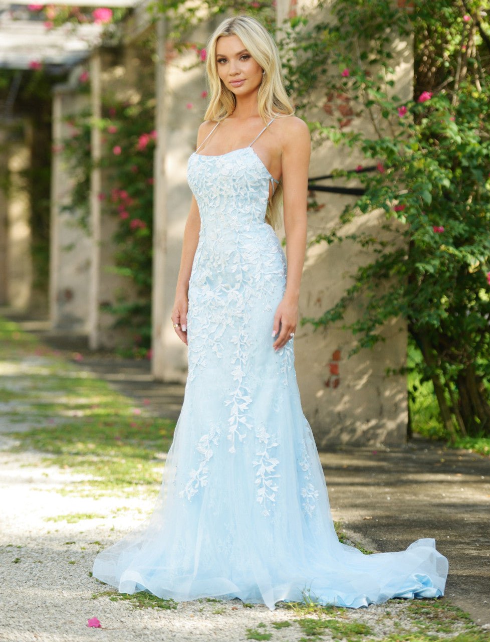 The Dutchess Gown - Light Blue - Floral Lace Dress With Straight Neckline - FINAL SALE - Luzilly Bridal & Apparel