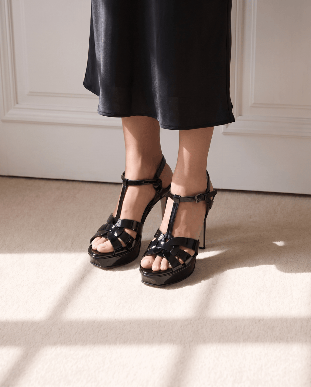 The Parisian Black Patent Leather T-Strap Platform Heel Women Sandal - Luzilly Bridal & Apparel