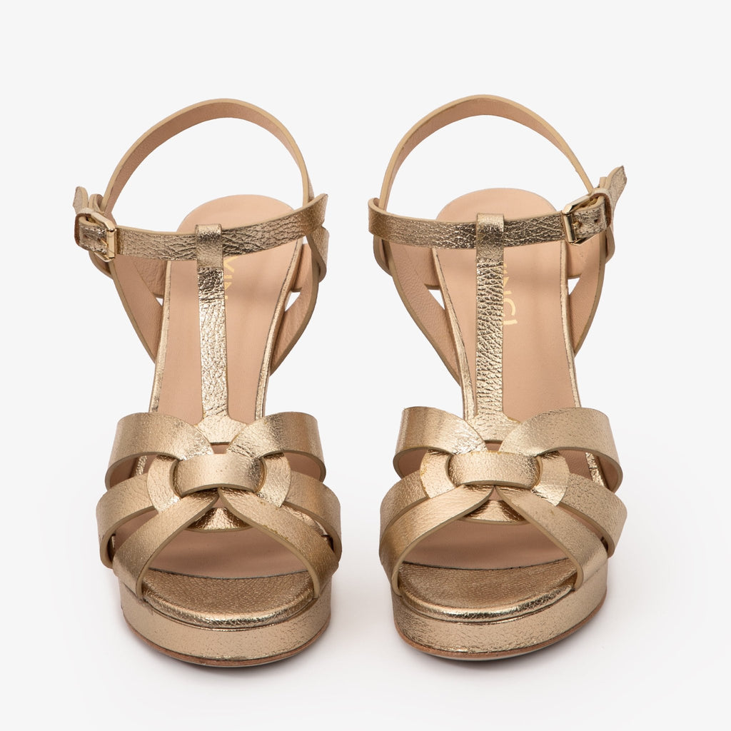 The Parisian Gold Leather T-Strap Platform Heel Women Sandal - Luzilly Bridal & Apparel
