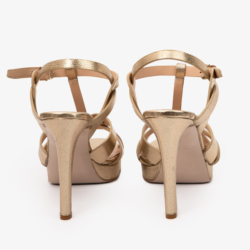 The Parisian Gold Leather T-Strap Platform Heel Women Sandal - Luzilly Bridal & Apparel