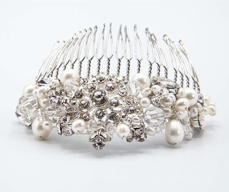 The Princess Bridal tiara hair comb (Silver Rhinestone and Pearl) - Luzilly Bridal & Apparel