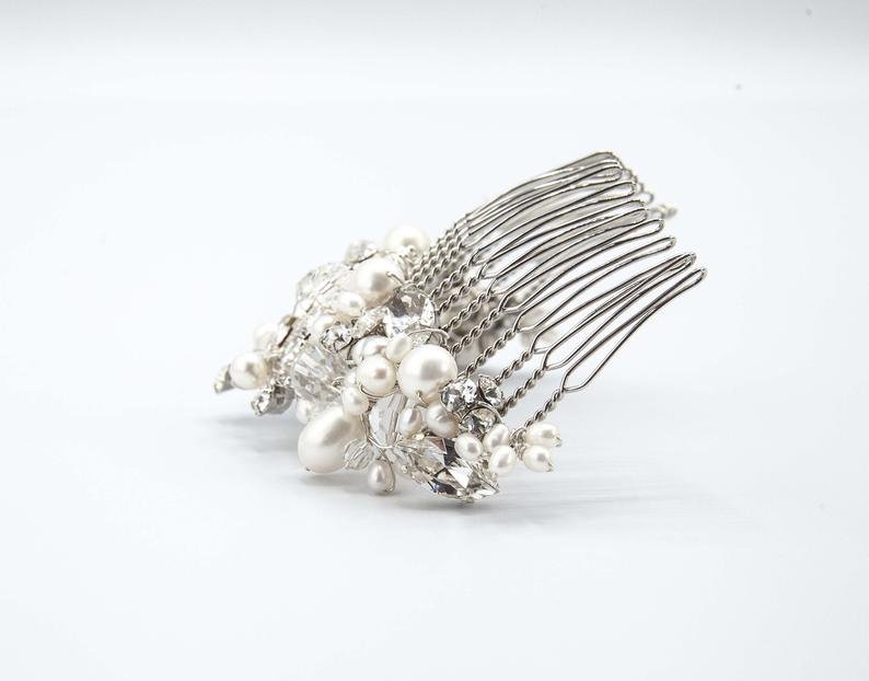 The Princess Bridal tiara hair comb (Silver Rhinestone and Pearl) - Luzilly Bridal & Apparel