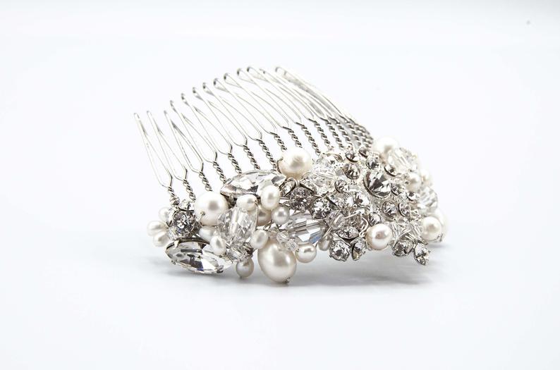 The Princess Bridal tiara hair comb (Silver Rhinestone and Pearl) - Luzilly Bridal & Apparel