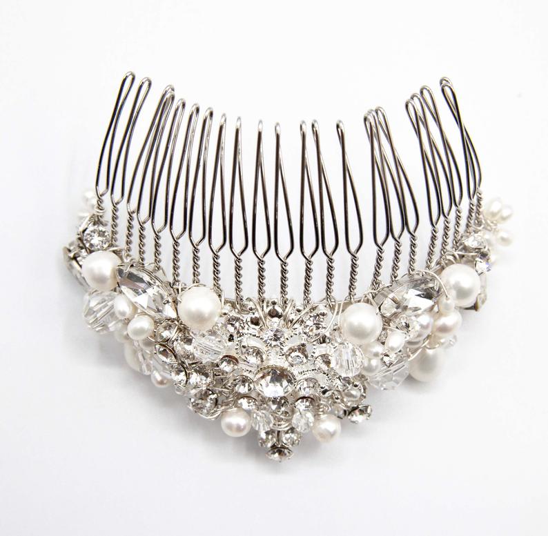 The Princess Bridal tiara hair comb (Silver Rhinestone and Pearl) - Luzilly Bridal & Apparel