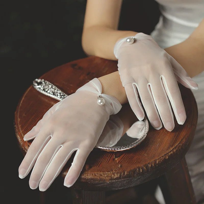 Thin White Gauze Lace Bridal Gloves with Pearls - Luzilly Bridal & Apparel