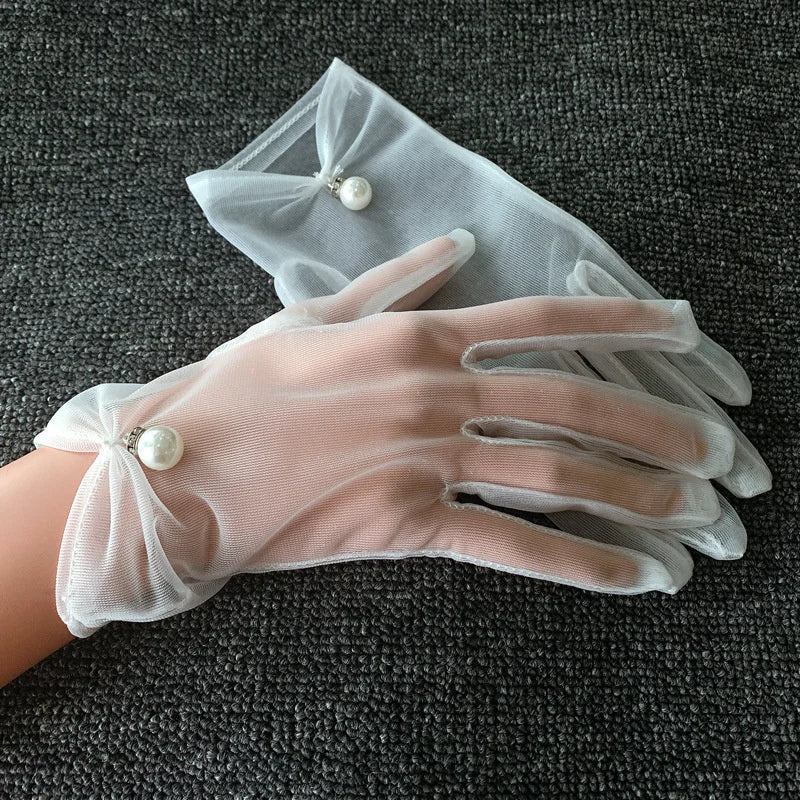Thin White Gauze Lace Bridal Gloves with Pearls - Luzilly Bridal & Apparel