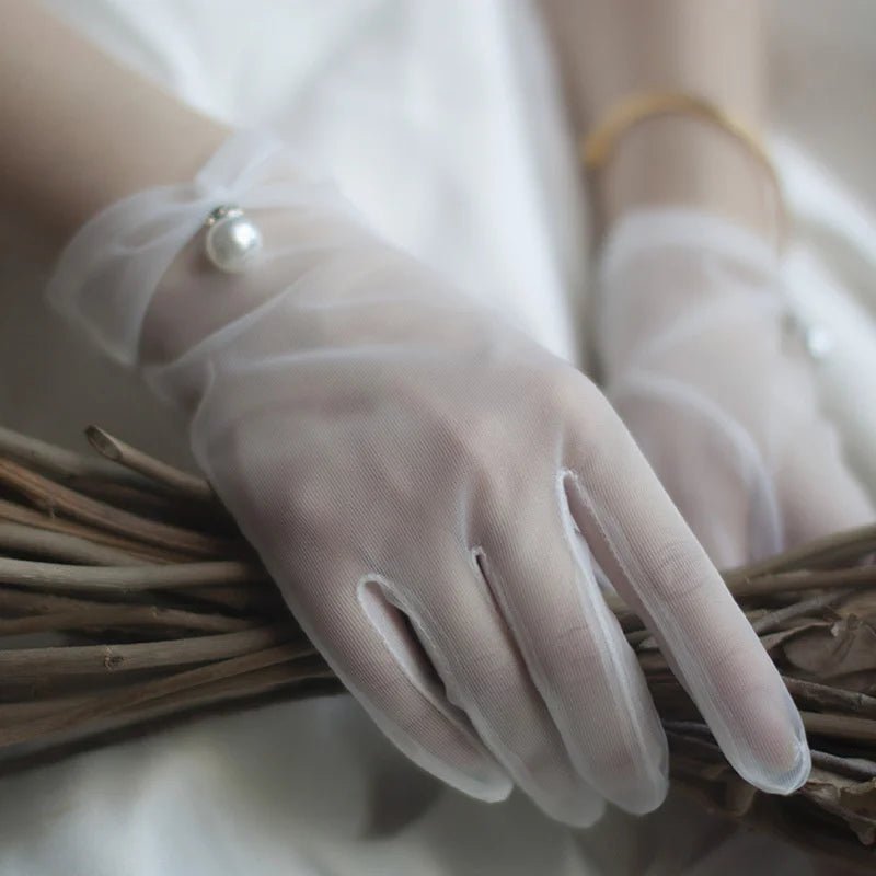 Thin White Gauze Lace Bridal Gloves with Pearls - Luzilly Bridal & Apparel