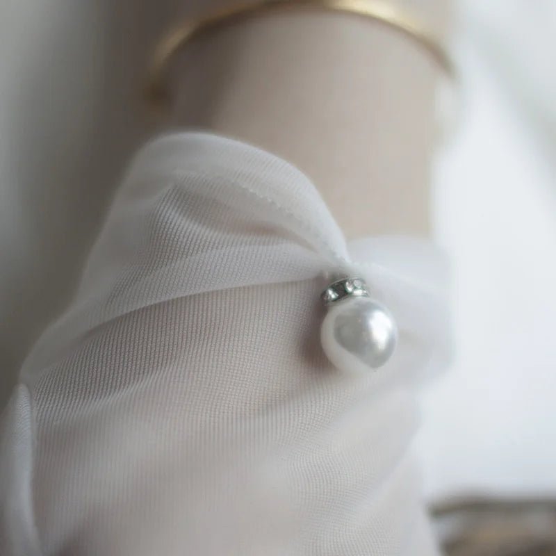 Thin White Gauze Lace Bridal Gloves with Pearls - Luzilly Bridal & Apparel