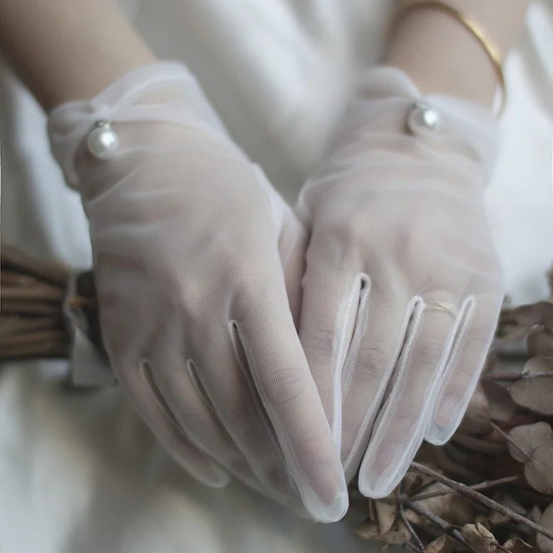 Thin White Gauze Lace Bridal Gloves with Pearls - Luzilly Bridal & Apparel