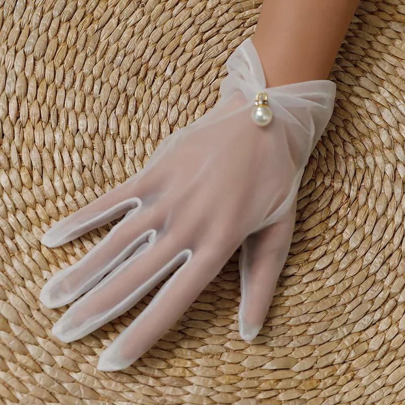 Thin White Gauze Lace Bridal Gloves with Pearls - Luzilly Bridal & Apparel