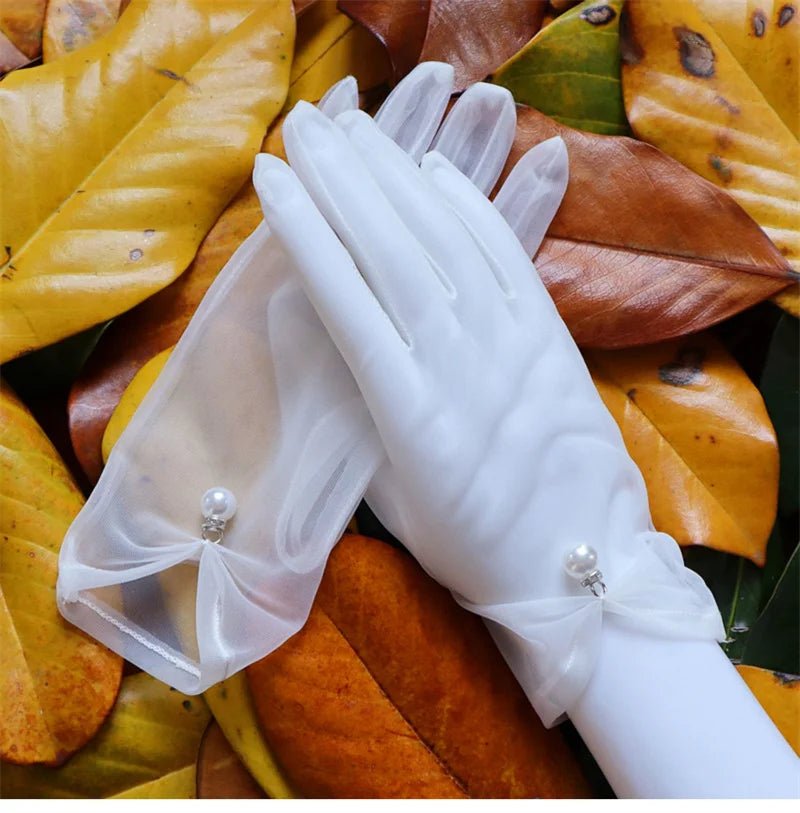 Thin White Gauze Lace Bridal Gloves with Pearls - Luzilly Bridal & Apparel
