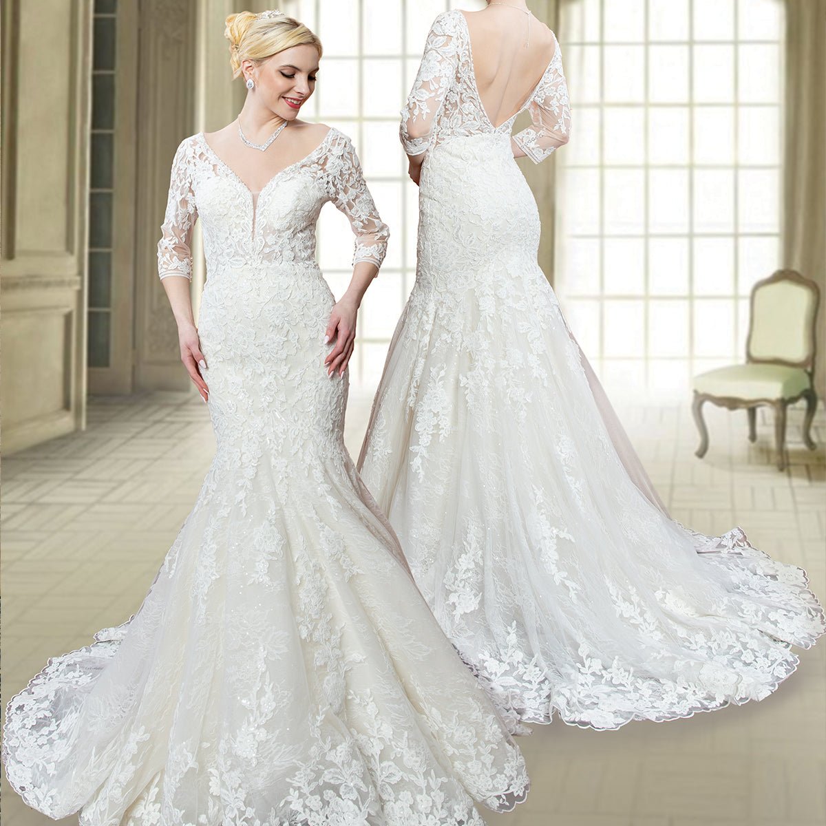 Three-Quarter Sleeve Lace Wedding Gown - Luzilly Bridal & Apparel