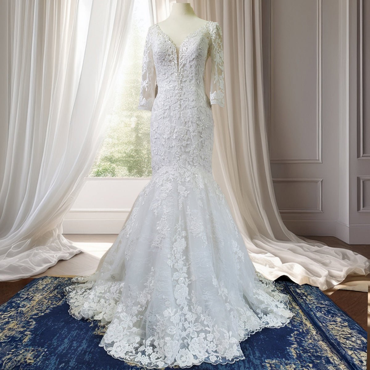 Three-Quarter Sleeve Lace Wedding Gown - Luzilly Bridal & Apparel