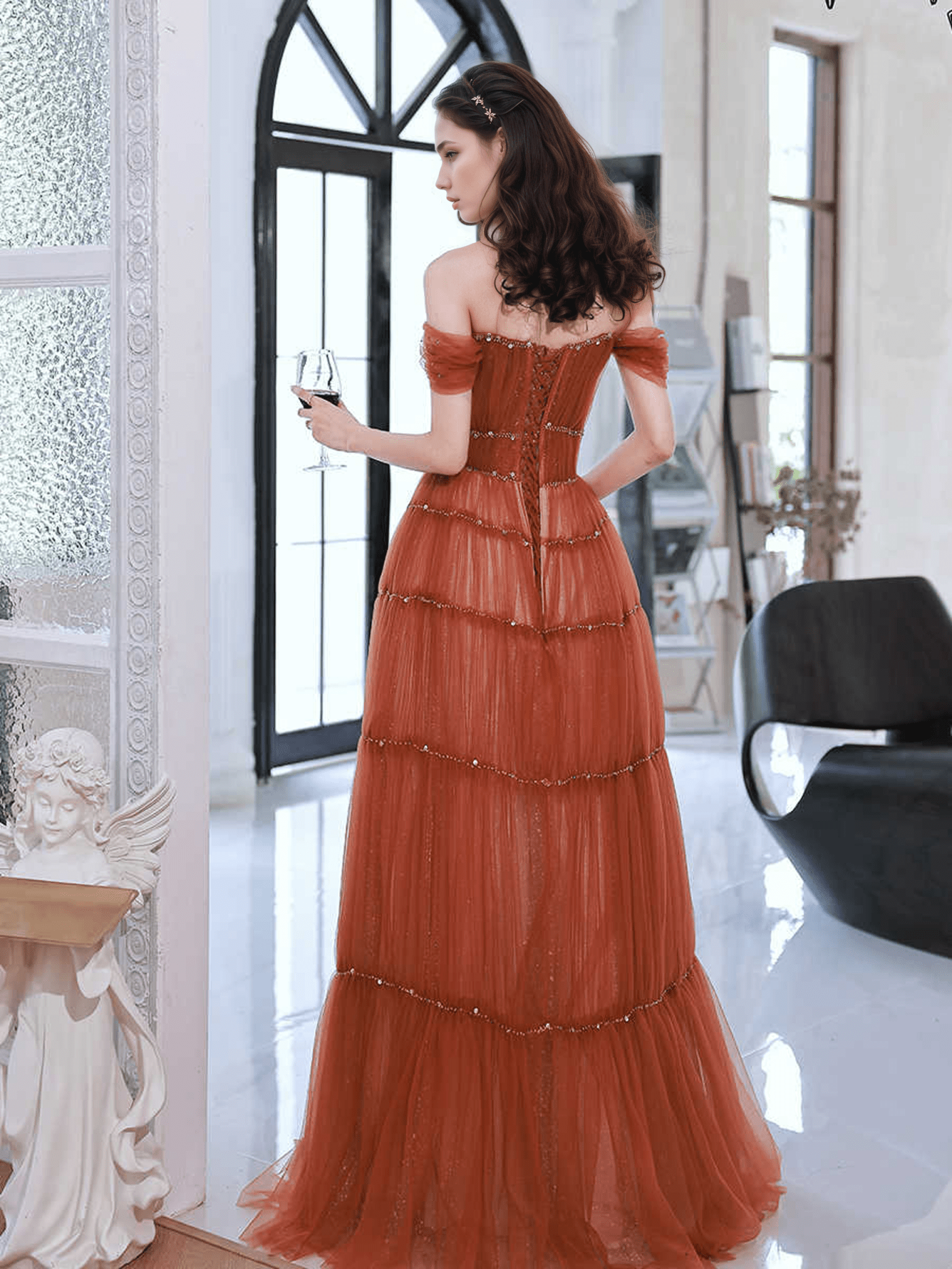 Tiered Tulle Off-Shoulder Gown with Crystal Beading - Luzilly Bridal & Apparel