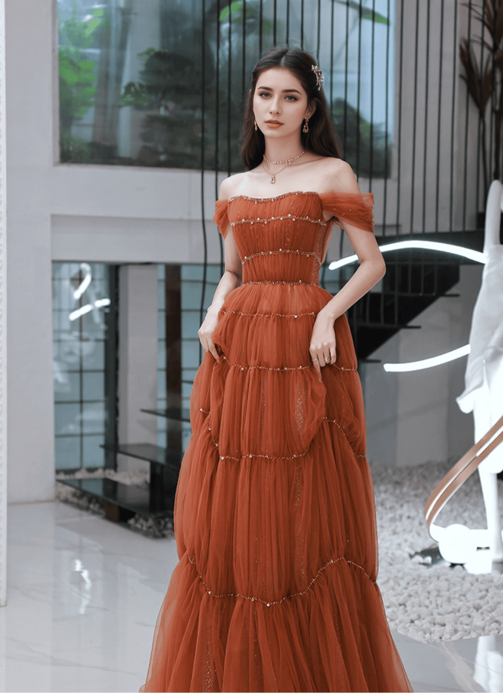Tiered Tulle Off-Shoulder Gown with Crystal Beading - Luzilly Bridal & Apparel