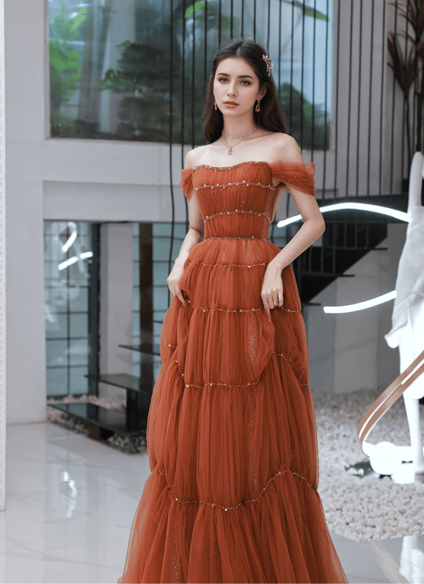 Tiered Tulle Off-Shoulder Gown with Crystal Beading - Luzilly Bridal & Apparel