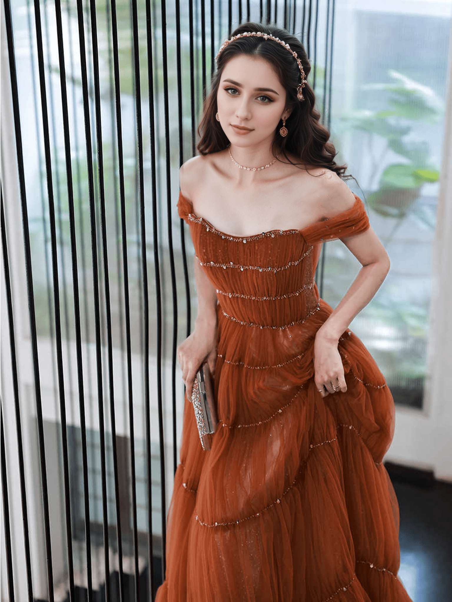 Tiered Tulle Off-Shoulder Gown with Crystal Beading - Luzilly Bridal & Apparel