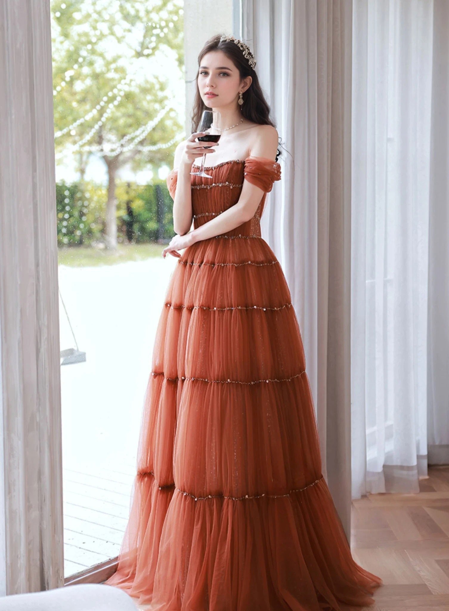 Tiered Tulle Off-Shoulder Gown with Crystal Beading - Luzilly Bridal & Apparel