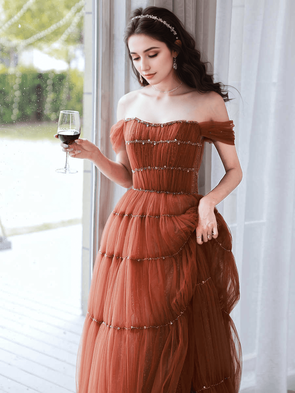 Tiered Tulle Off-Shoulder Gown with Crystal Beading - Luzilly Bridal & Apparel