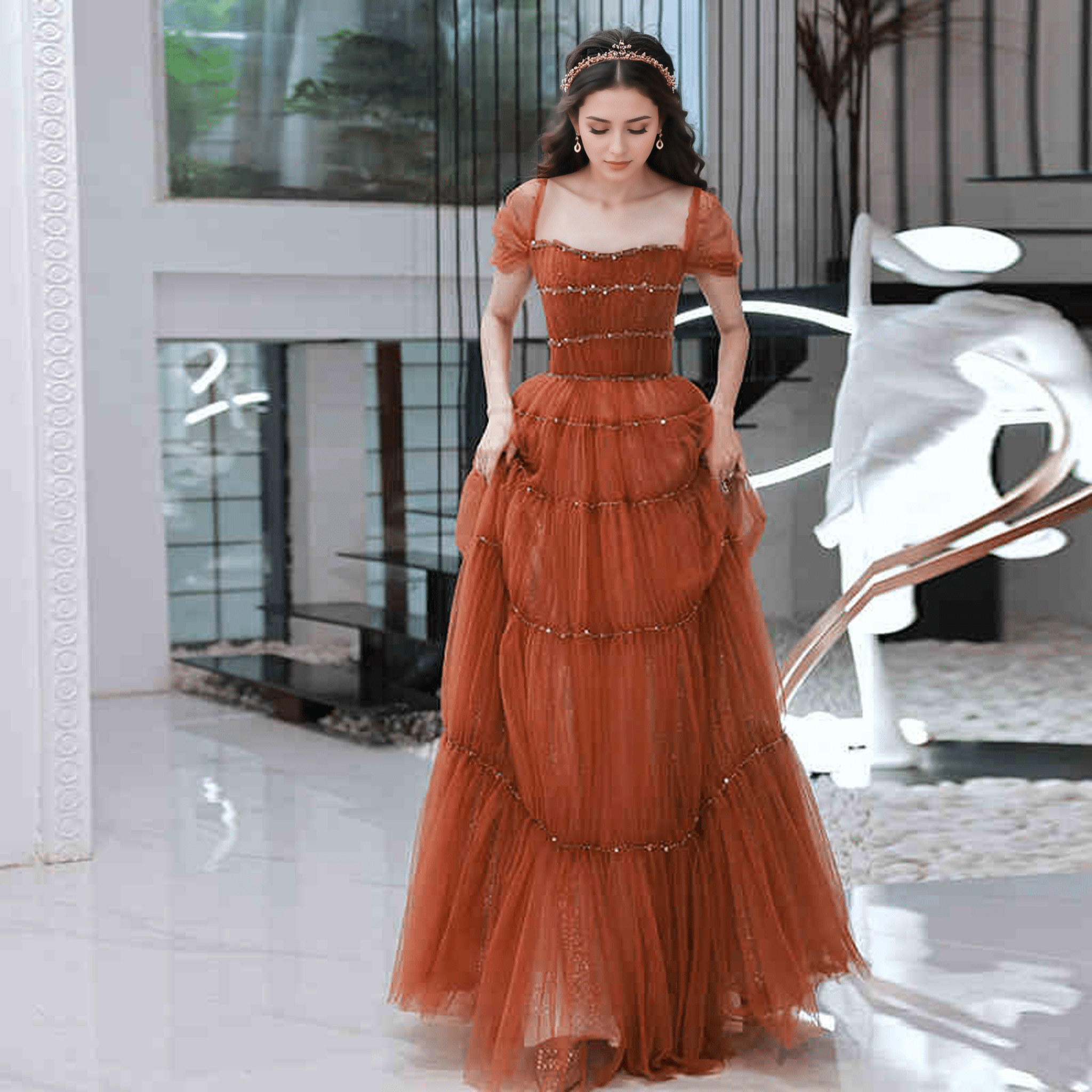 Tiered Tulle Off-Shoulder Gown with Crystal Beading - Luzilly Bridal & Apparel