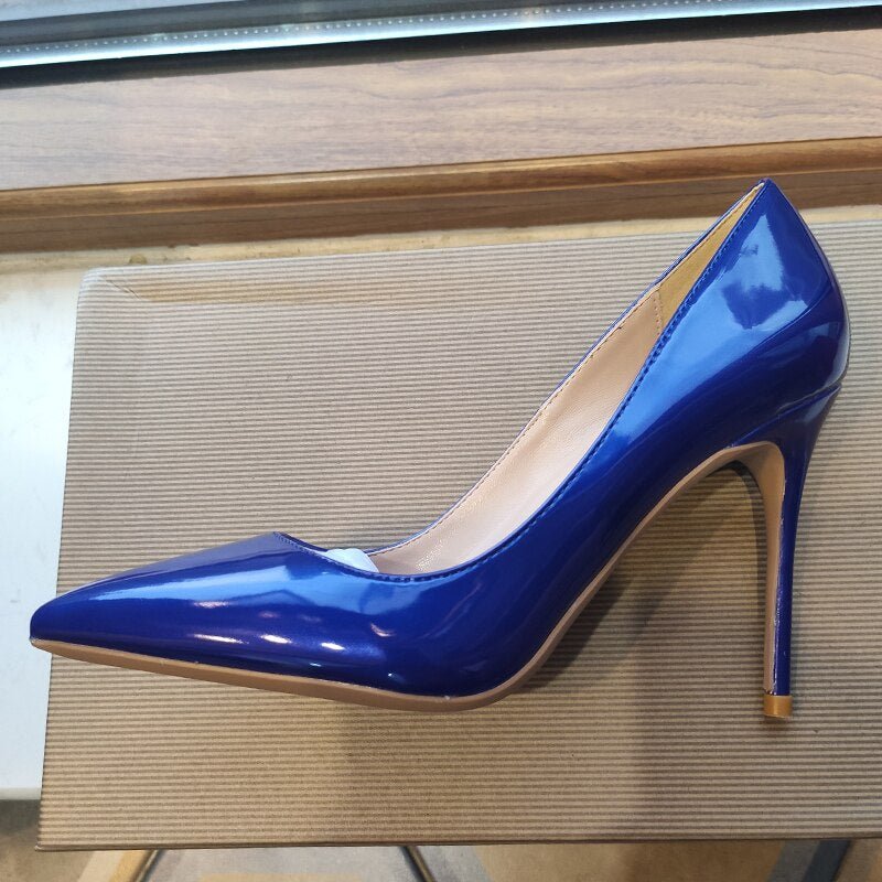 Tikicup Dark Blue Women Patent Pointed Toe Stiletto High Heels Elegant Ladies Slip On Wedding Pumps Shoes Plus Size 34-45 - Luzilly Bridal & Apparel