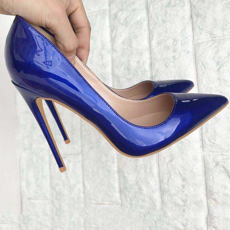Tikicup Dark Blue Women Patent Pointed Toe Stiletto High Heels Elegant Ladies Slip On Wedding Pumps Shoes Plus Size 34-45 - Luzilly Bridal & Apparel