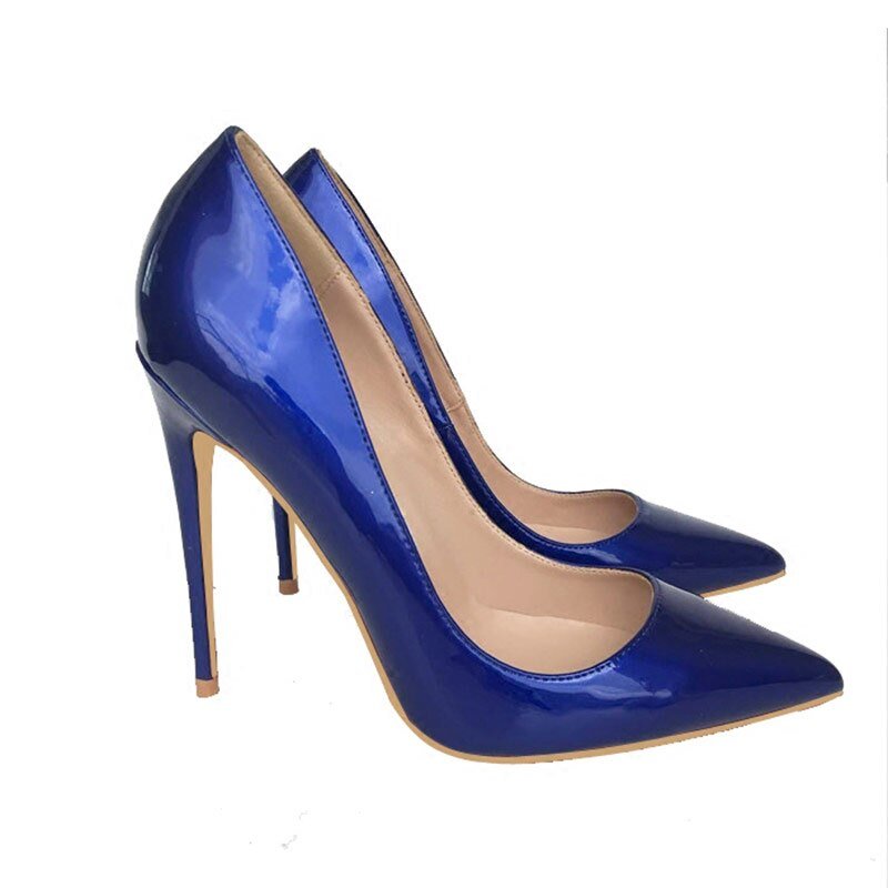 Tikicup Dark Blue Women Patent Pointed Toe Stiletto High Heels Elegant Ladies Slip On Wedding Pumps Shoes Plus Size 34-45 - Luzilly Bridal & Apparel