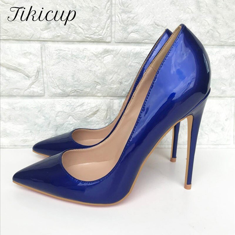 Tikicup Dark Blue Women Patent Pointed Toe Stiletto High Heels Elegant Ladies Slip On Wedding Pumps Shoes Plus Size 34-45 - Luzilly Bridal & Apparel