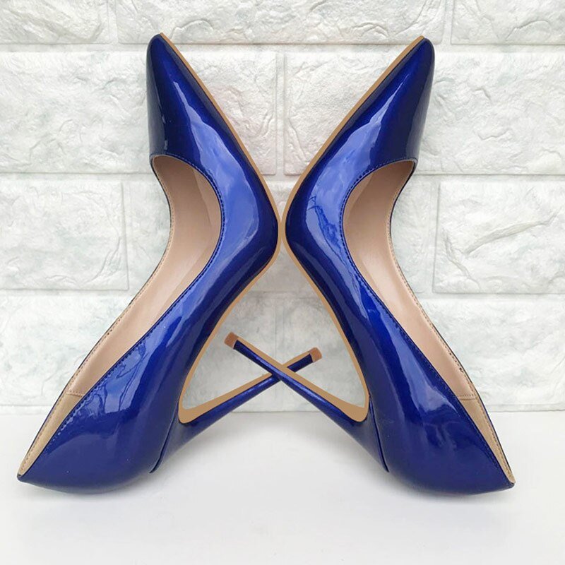 Tikicup Dark Blue Women Patent Pointed Toe Stiletto High Heels Elegant Ladies Slip On Wedding Pumps Shoes Plus Size 34-45 - Luzilly Bridal & Apparel